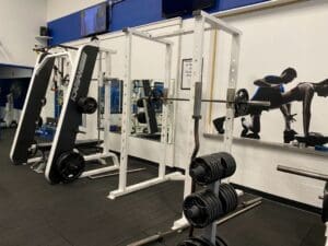 A gym with dumbbells