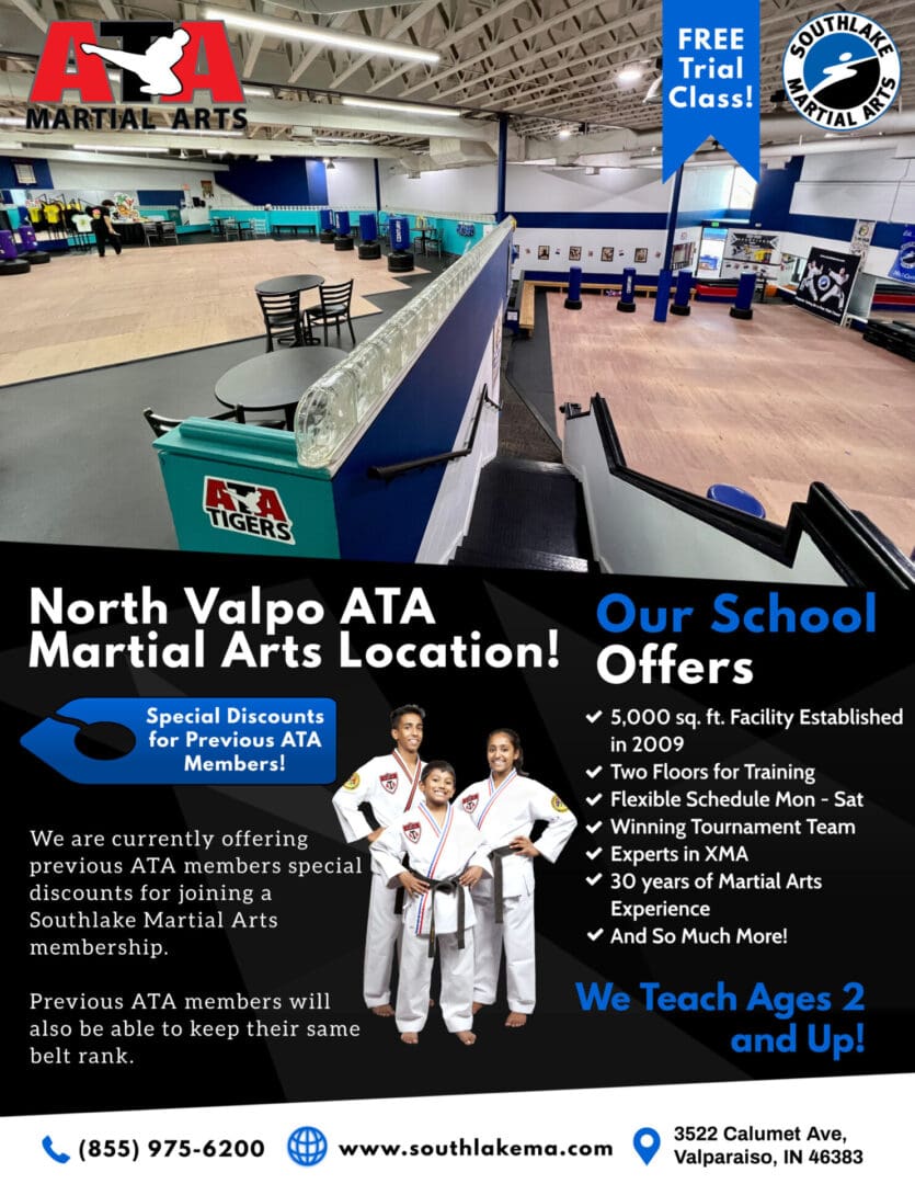 A flyer for north valpo ata martial arts location.